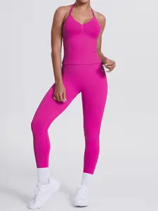 Women's Yoga Suit Set, Neck Hanging Tank Top & Leggings 2-piece Sports Set, Solid Color Backless Sexy Gym Training Suit, Breathable Activewear, Sporty Style Clothes