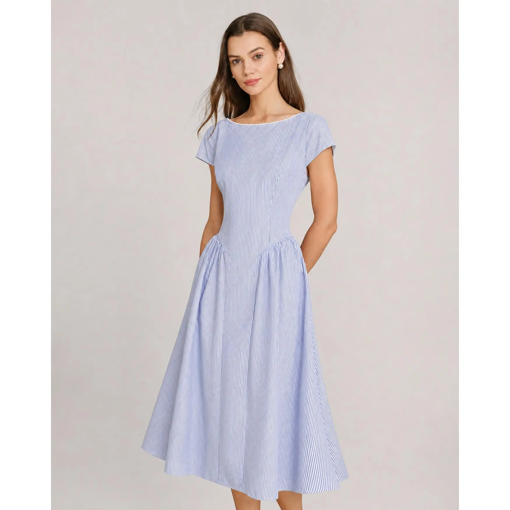 Blue Boat Neck Shirred Midi Dress