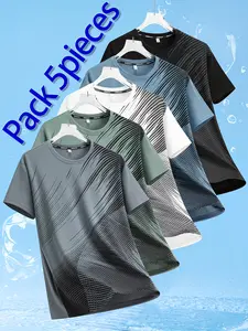 Pack of 5 men’s casual sports T-shirts; summer quick-dry short-sleeve men’s athletic shirts with stretch and breathable prints; suitable for workouts, fitness training, outdoor activities, and casual wear; ideal as a gift. tiktokshopspringglowup