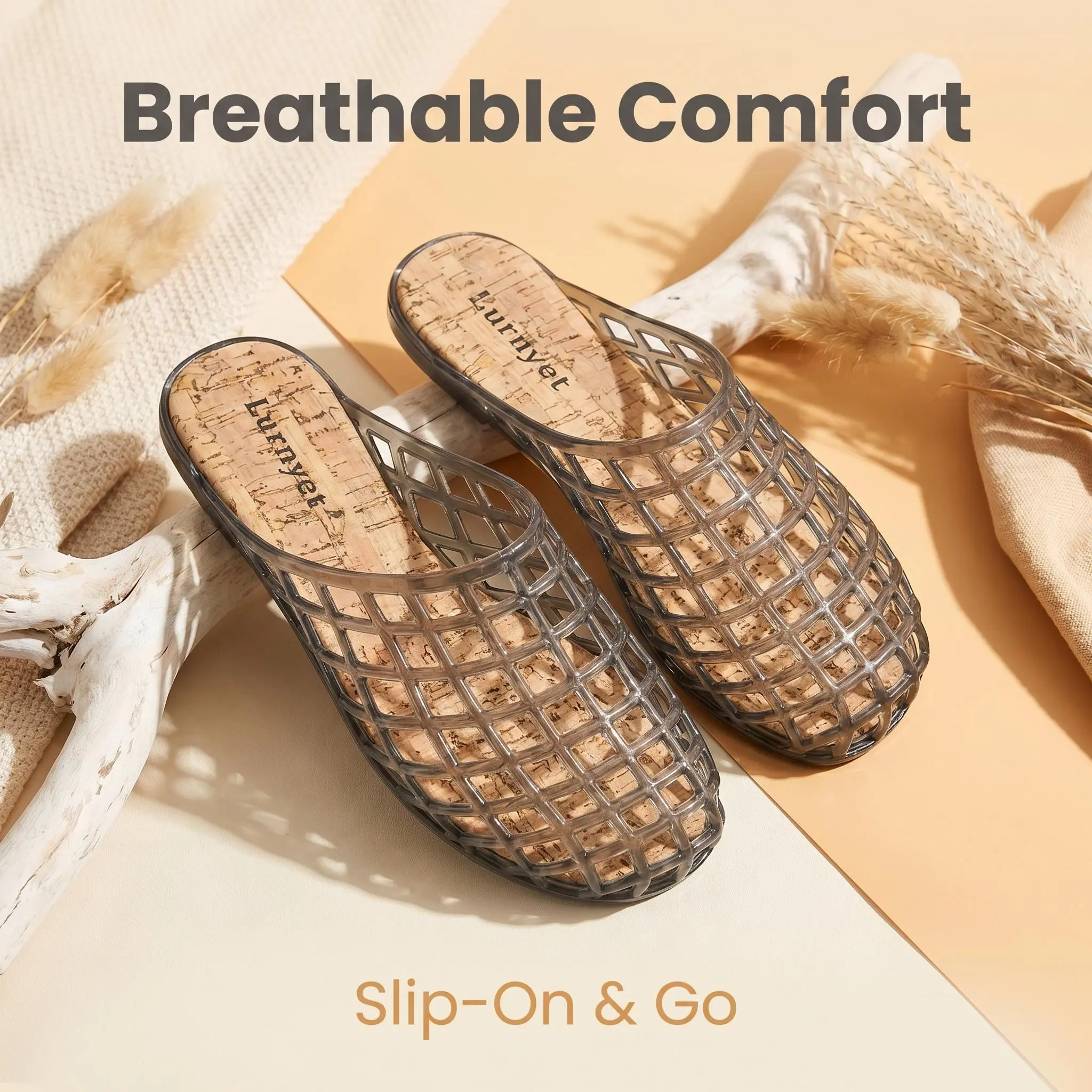 Zovrwin Sparkly Silver Mesh Jelly Mule Slippers Women Breathable Soft Cork Insole Summer House Slides