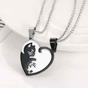 Fashionable and Cute Pet Enthusiasts Cat Puzzle Heart Shaped Stainless Steel Men's and Women's Necklace, Anniversary, Valentine's Day Gift, Gift for Girlfriend, Good Friends, Family Birthday Accessories