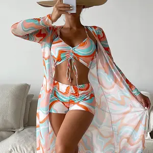 Womens 3 Pieces Bikini Set Swimsuit Tropical Beach Cover up Kimono Swimwear Bathing Suit with Boy Shorts Women's 3 Piece Swimsuits Sexy Bikini Sets Triangle Bathing Suit Tropical Beach Cover up Kimono Swimwear