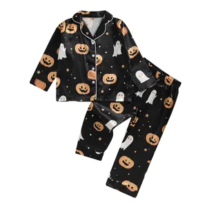 Boys 2Pcs Halloween Pajamas Set Long Sleeve Lapel Collar Shirt + Pants Set Toddler Sleepwear