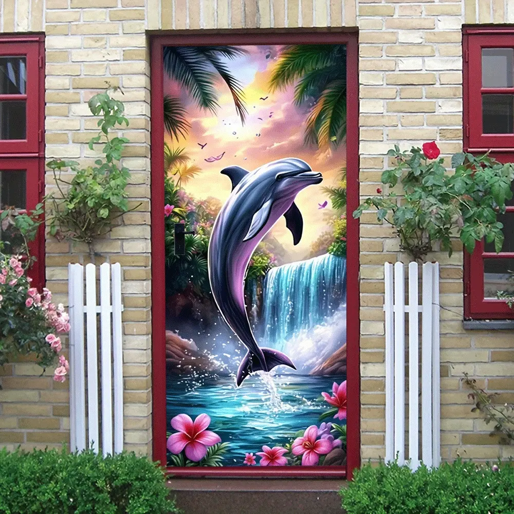 2pcs Tropical Dolphin Wall Stickers Stereo Decorative Decals for Living Room Bedroom Waterproof Self Adhesive Removable Ocean Waterfall Palm Tree Murals Kids Room Background Wall Art Decor Collage Self Decoration Sticker