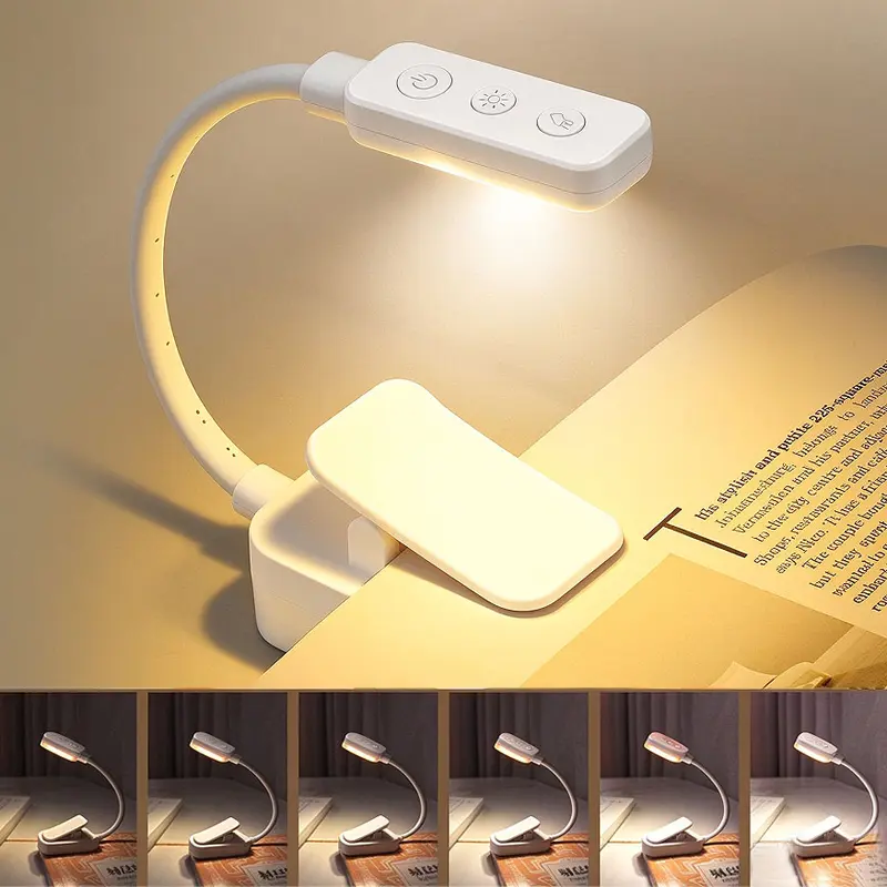 Clip-On LED Book Lamp - Rechargeable 1000mAh Plastic Gooseneck Indoor Reading Light with 3 Colors, Stepless Dimming, Portable for Bed, Travel Use, Ages 5+ Students Camping