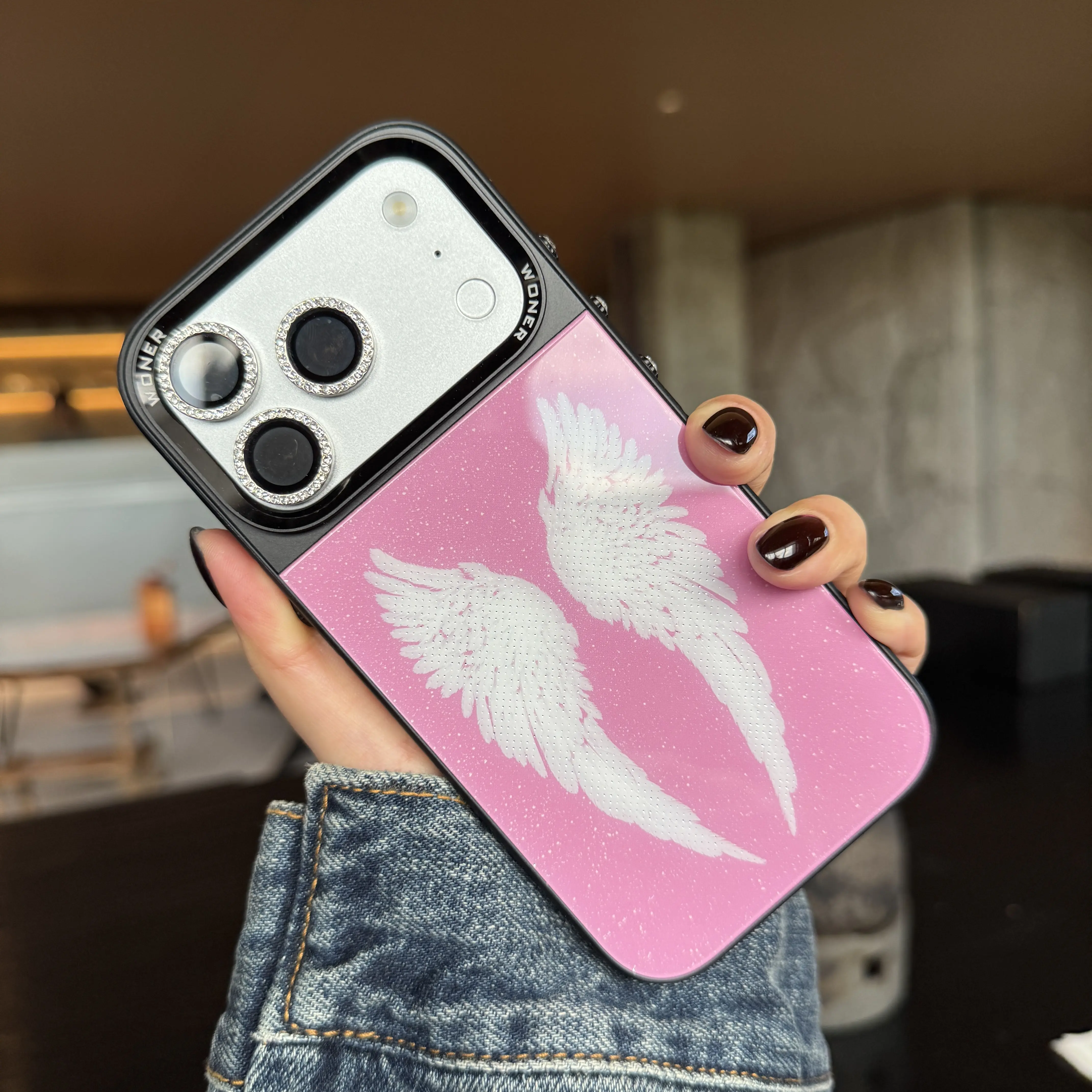 Labzone for iPhone 17 16 15 Pro Max Magnetic Phone Case Angel Wings Round rhinestone button Protective Cover for Apple Phones , Pink Glittery Design Case High Quality [Applicable to Magsafe] For girl Women