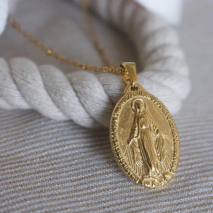 Miraculous Medal Virgin Mary Necklace 18k Gold Plated Catholic Christian Gifts for Women Men Protection 18" + 2" Extender Baptism Gift 316 Stainless Steel Pendant 31 x 20mm