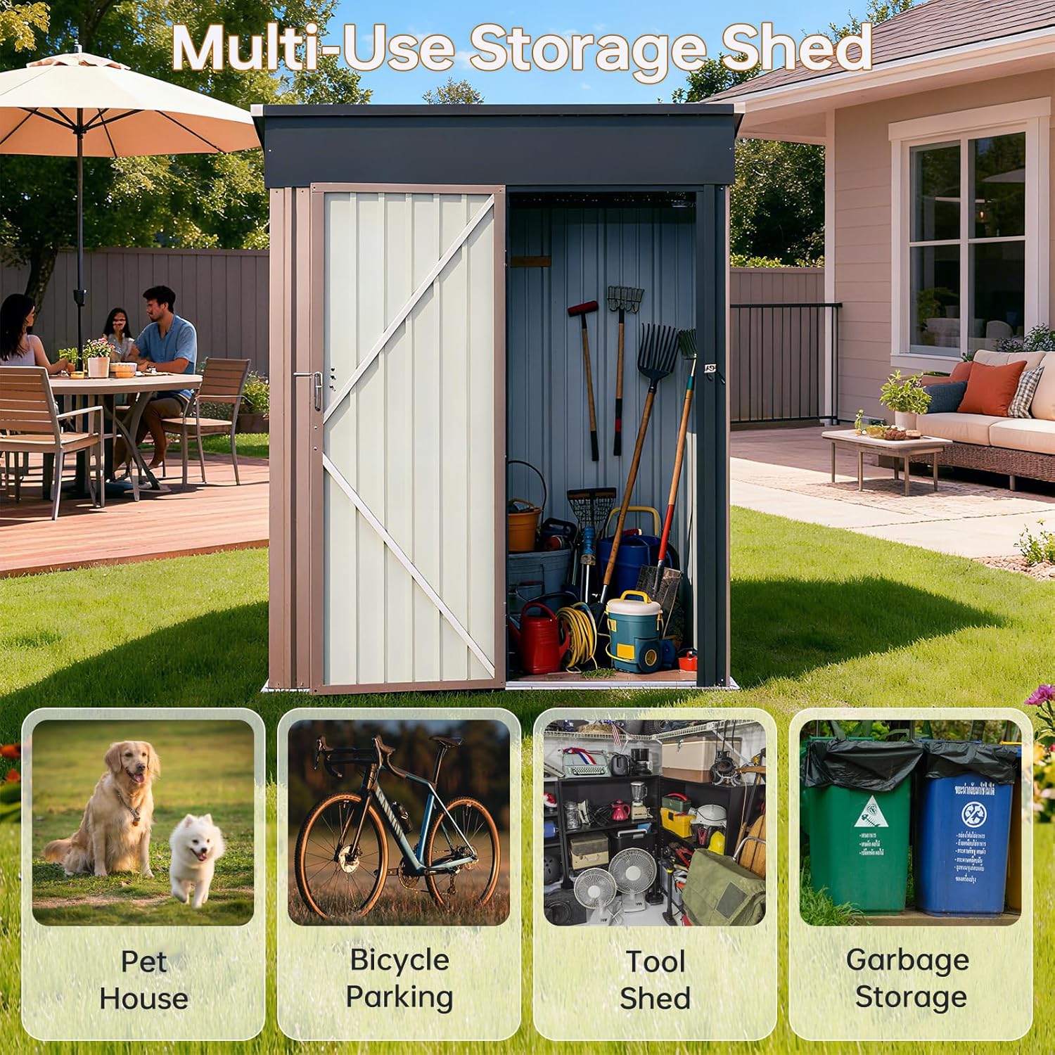 Aoxun 5x3 FT Compact Metal Storage Shed, Lockable Garden Tool Organizer with Sloping Roof for Small Spaces