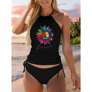 Sunflower Flower Distressed Rainbow Peace Sign 70s Two Piece Swimsuit