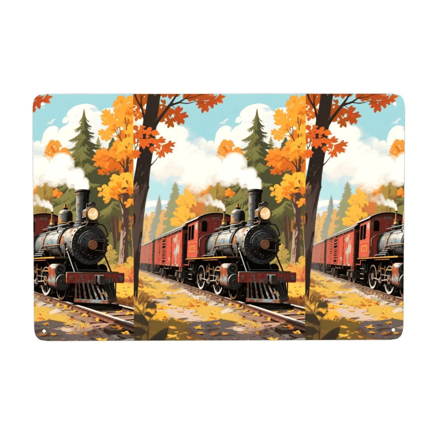 2D Flat Retro Steam Train Horizontal Iron Sheet Painting Sign 8x12 Inches Autumn Forest Railway Wall Decor for Living Room