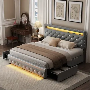 LED Bed Frame with 2 Storage Drawers and Adjustable Crystal Tufted Headboard, No Box Spring Needed, PU & Velvet, White/Beige/Black/Gray Upholstered Modern Cama