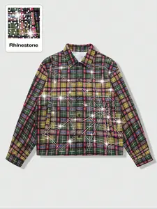 Men's Street Style Shirt, Rhinestone Plaid Pattern, Long Sleeve, American Street Fashion, Casual Wear, Perfect for Daily
