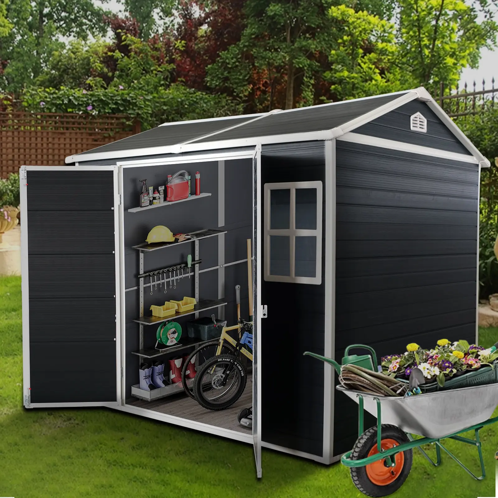 8x4ft Outdoor Resin Garden Shed with Floor and 2 Windows, Heavy Duty Plastic Patio Storage Shed with Lockable Door, Weatherproof Outdoor Storage Unit for Garden Tools, Bicycles, Trash Cans, Lawn Equipment