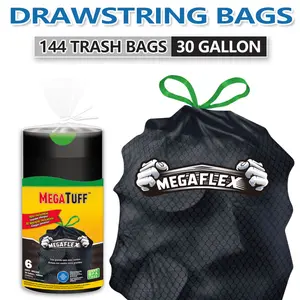 Black Drawstring Trash Bags with Handles, 30 Gal (113.5L) 144-Count (24 Rolls) Non-Tear Ultra-Strong Leak-Proof Disposable Trashbags for Large Kitchen Trash Cans, Home Cleaning Supplies