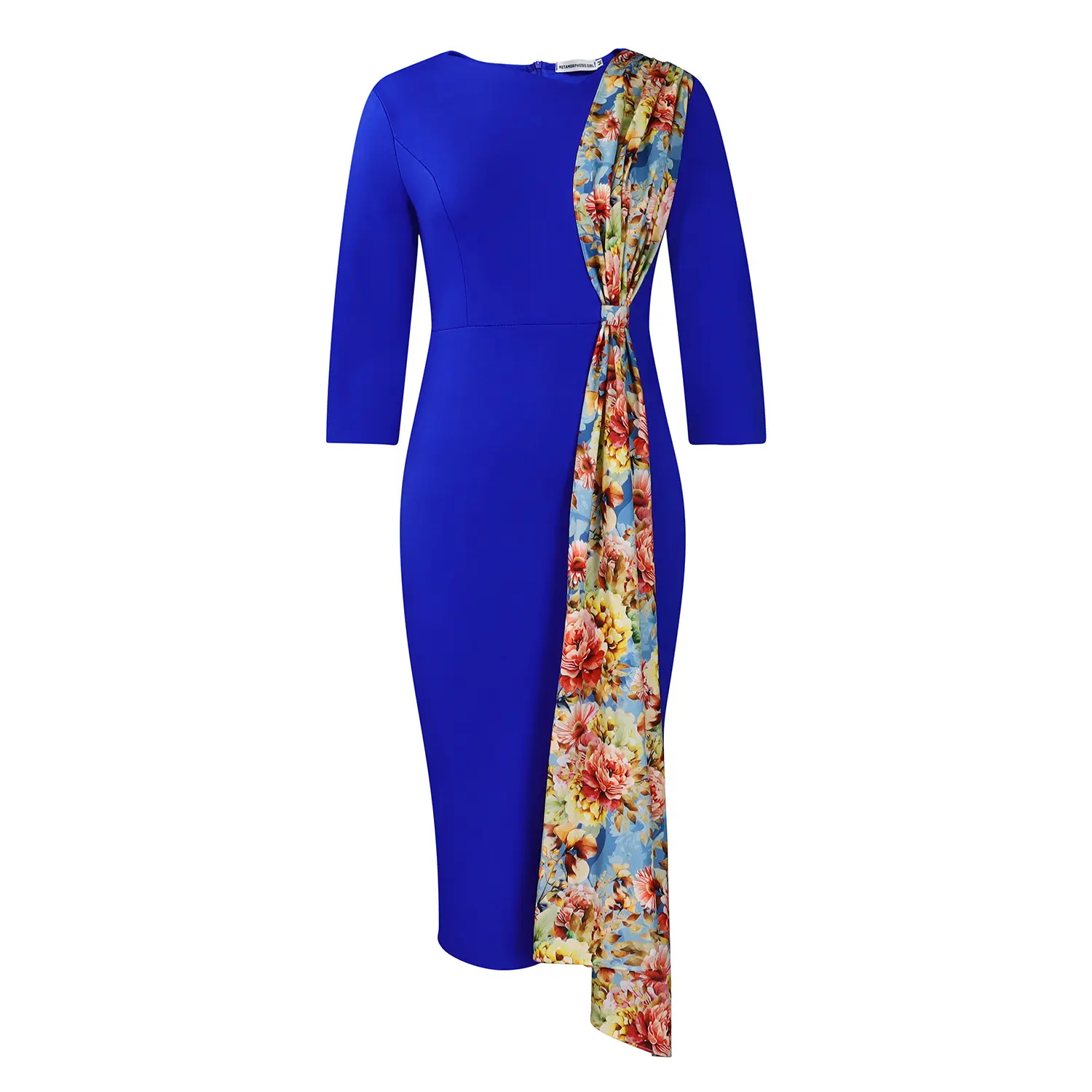 Plus Size Women's Royal Blue Bodycon Midi Dress - 3/4 Sleeve V Neck with Floral Scarf Accent, Fashion Style, Flattering Fit, Mid-Length Cut, Pullover Formal Dress for Office, Party, Cocktail - TikTok Shop Plus Size Women's Royal Blue Bodycon Midi Dress - 3/4 Sleeve V Neck with Floral Scarf Accent, Fashion Style, Flattering Fit, Mid-Length Cut, Pullover Formal Dress for Office, Party, Cocktail - TikTok Shop