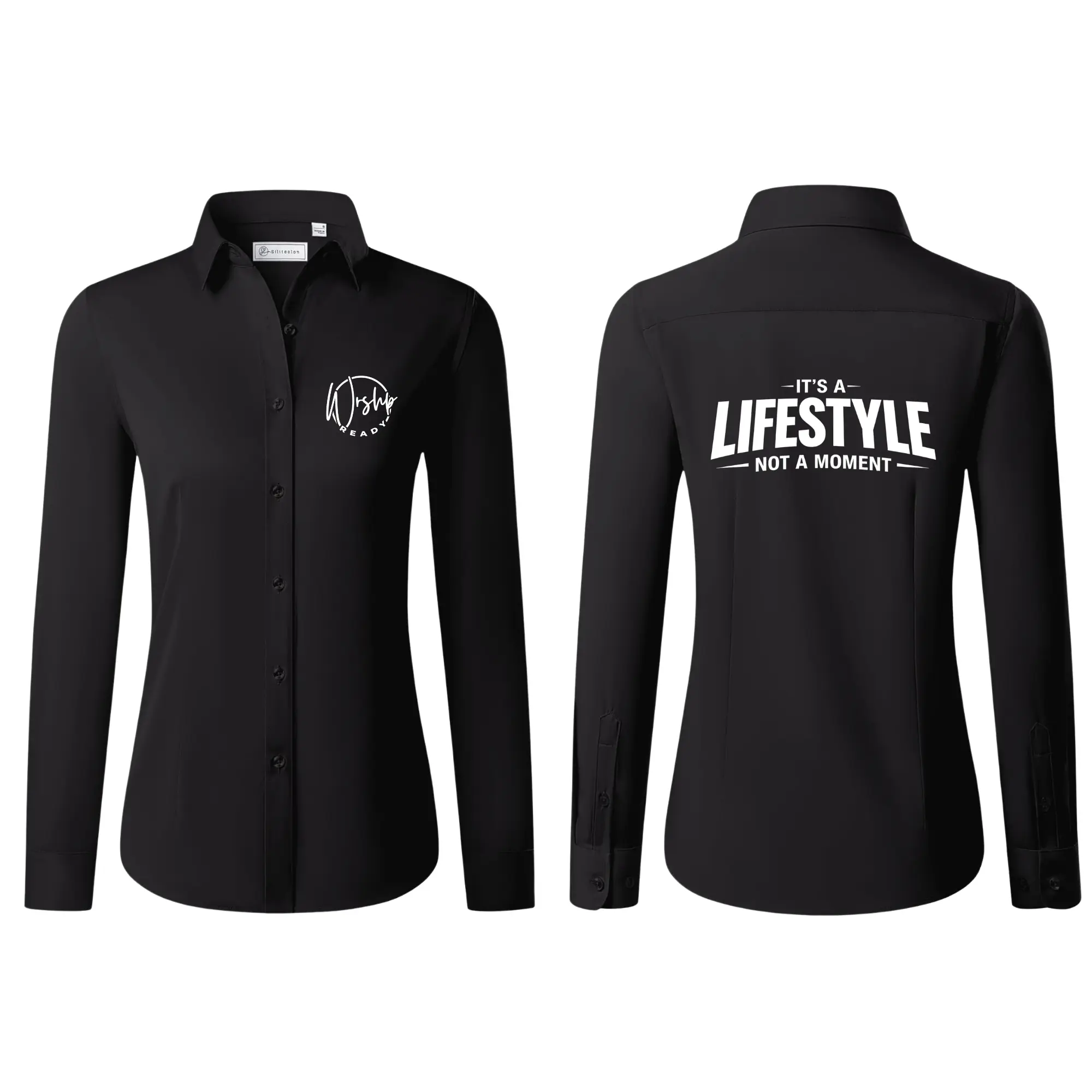 Women's Unisex Fit Long Sleeve Print Button-Down Shirt, Christian Lifestyle Business Casual Professional Top, Black Breathable Menswear-Inspired Garment, Dry Clean Recommended