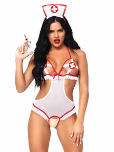 Naughty Nurse Roleplay Lingerie Set, Women's 2-Piece Crotchless Mesh Teddy with Halter Cage Strap Cups and Matching Hat Headband