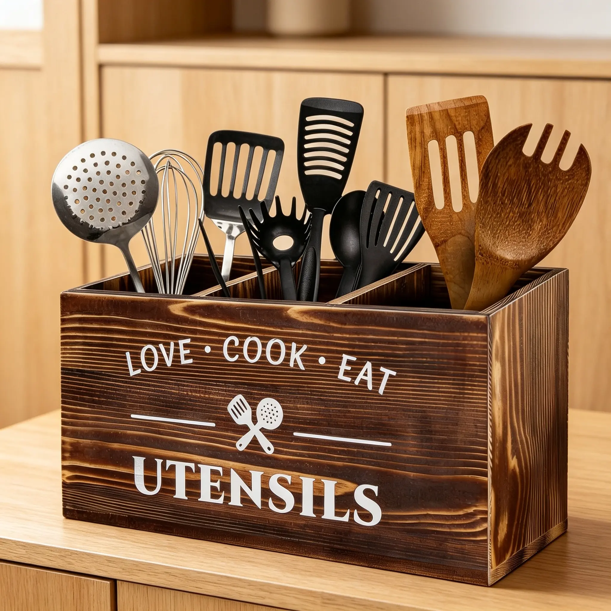 Country farmhouse-style wooden 3-tier dish storage container. Ideal kitchen organizer that fits both countertop and wall space. Perfectly adapted for cooking, with separate compartments for easy classification of dishes.