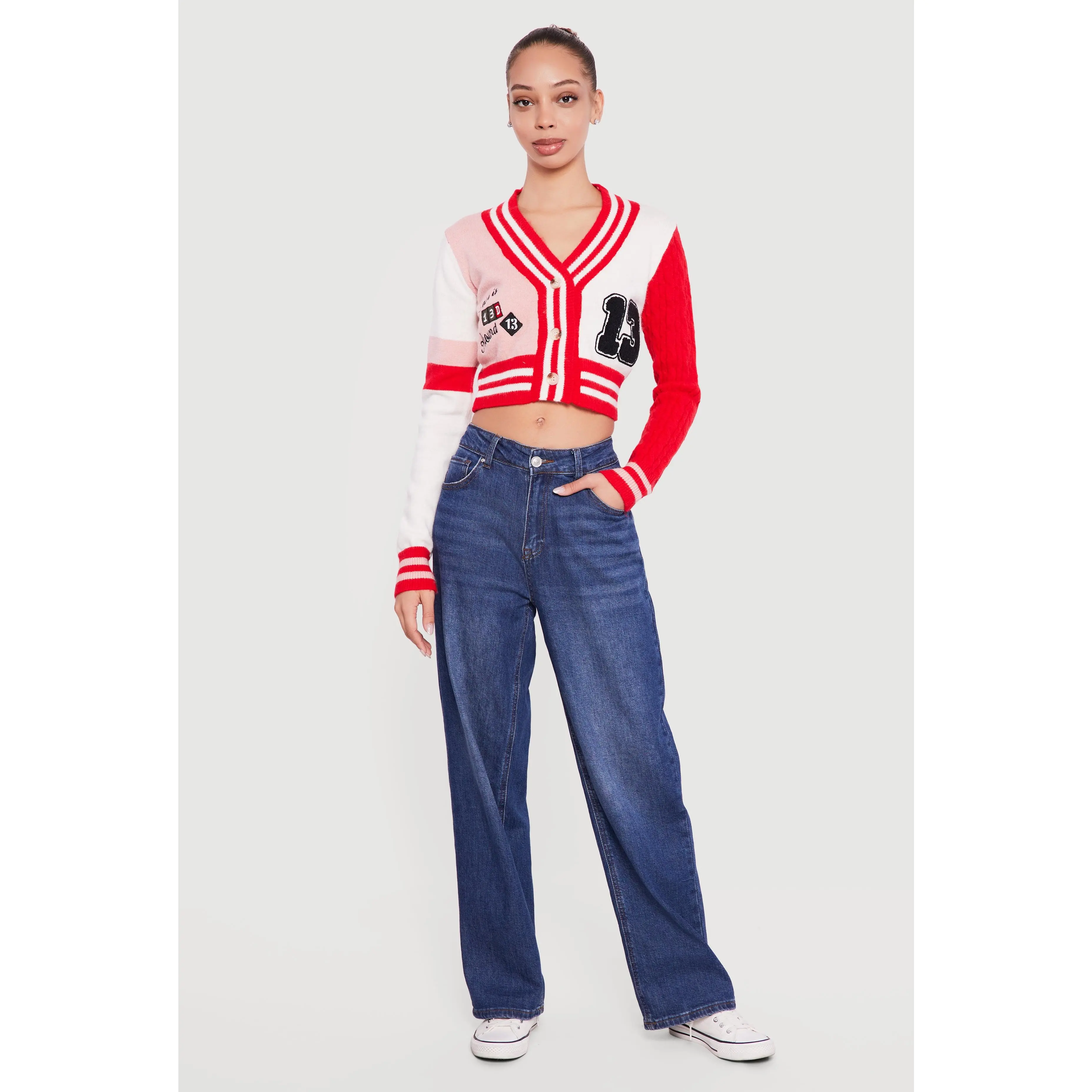 13 Graphic Patch Varsity Cropped Cardigan