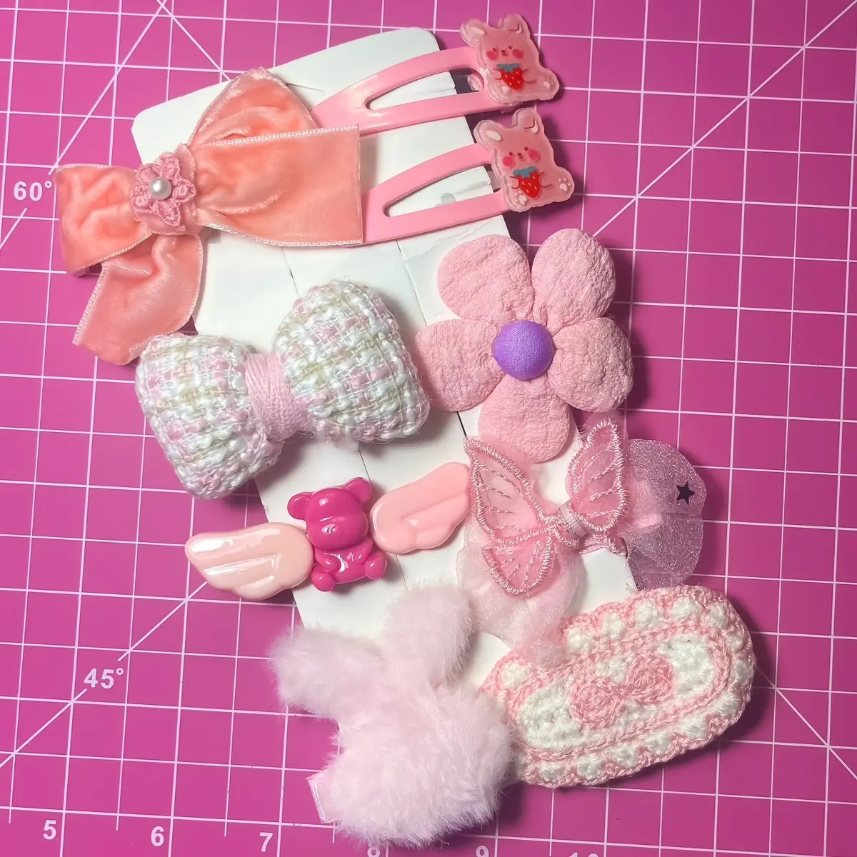 9 Piece Kawaii Pink Bow Set - Cute, That Girl, Hair Accessories, Bow, Hair Tie, Ponytail, Aesthetic