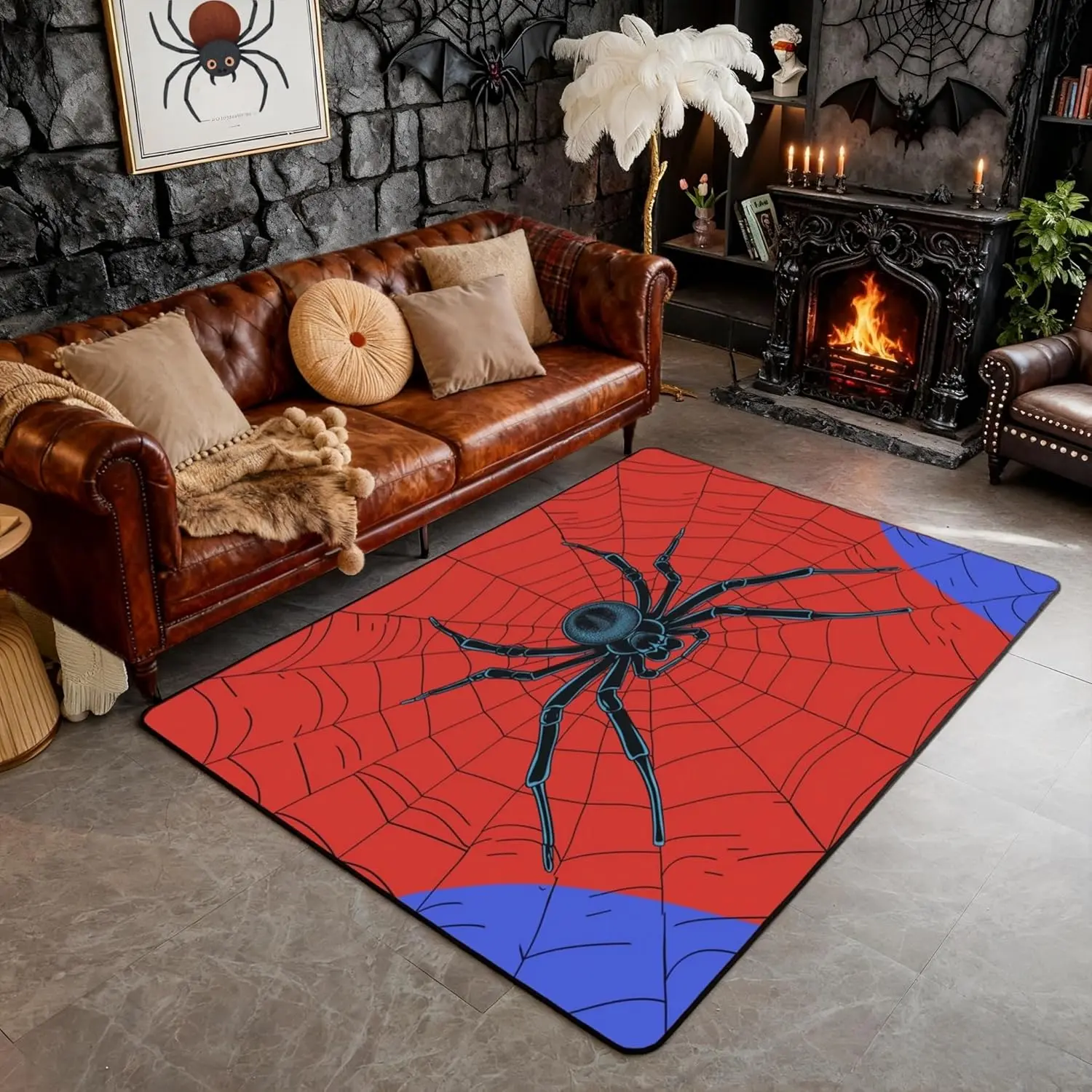 Halloween Spider Area Rug 3'x5'x0.39'',Red Blue Spider Web Halloween Wild Animals Indoor Floor Mat for Playroom Bedside,Abstract Web Lines Non Slip Decorative Rug for Living Room Decor