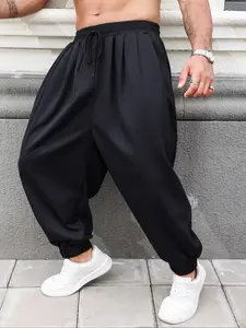 【Plus Size】 Oversized Solid Plain Pocket Drawstring Waist Wide Leg Pants, 2024 New Style Casual Comfy Loose Trousers for Daily Wear, Men's Bottoms for All Seasons