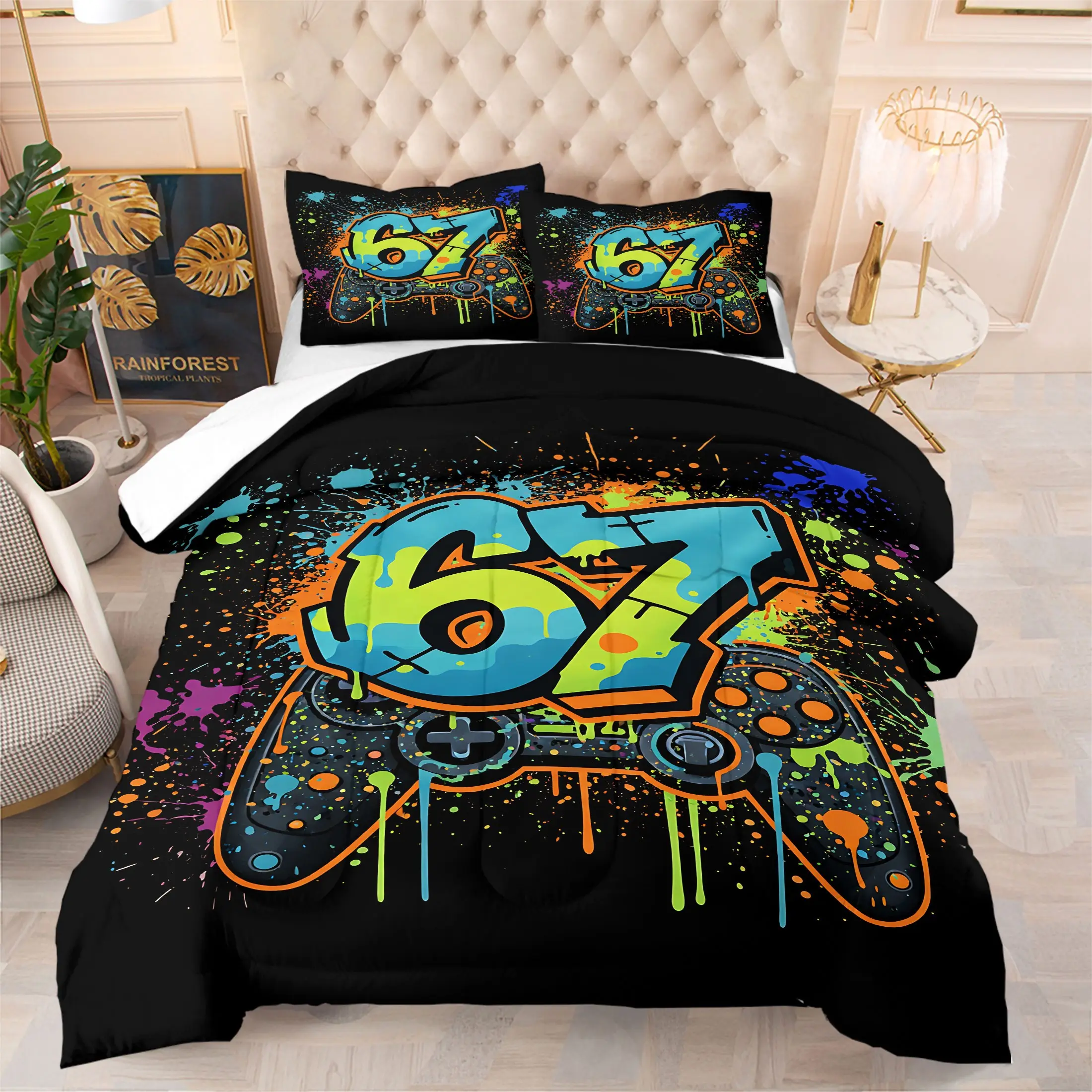 2/3Pcs Game Graffiti "67" Quilted Comforter Set, Street Trend Style, Soft Breathable Warm All Season Bedding Set, for Teen Boys Bedroom, Dorm, Gaming Room, Home Use, Comforter With Filling, Pillowcases Without Filling