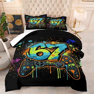 2/3Pcs Game Graffiti "67" Quilted Comforter Set, Street Trend Style, Soft Breathable Warm All Season Bedding Set, for Teen Boys Bedroom, Dorm, Gaming Room, Home Use, Comforter With Filling, Pillowcases Without Filling