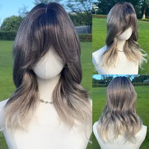 SMILCO/24Inch Ombre Grey Ash Sliver Medium Straight With Bangs Synthetic Wig/SM528