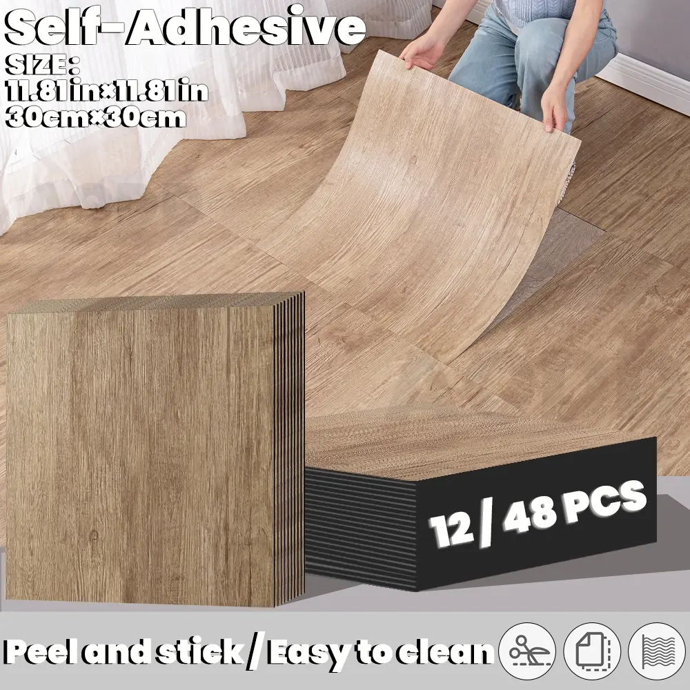 12/48pcs Self-adhesive wood grain floor stickers, Self Adhesive Flooring, Self Adhesive Textured, easy to peel and apply, 3D wood grain texture, suitable for floor covering and renovation in living rooms, bedrooms, offices, retro style