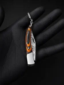 Hand Forged Damascus Steel Folding Knife Keychain – 3” Compact Knife with Wood & Steel Handle (512 Layers)