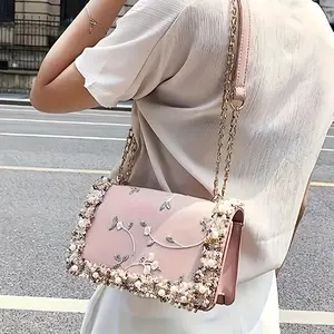 Floral Embellished Crossbody Bag for Women - Pink Korean Fashion Shoulder Purse with Magnetic Closure, Polyester Lining & Hand Washable Design, Crossbody Purse