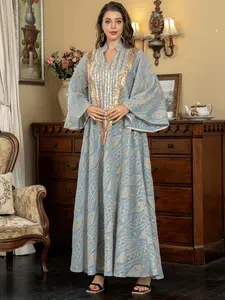 Mist Blue Geometric Gold Thread Sequin Robe, Luxurious Court Style Loose Islamic Abaya, Dubai Fashion, Trendy Long Dress for Women