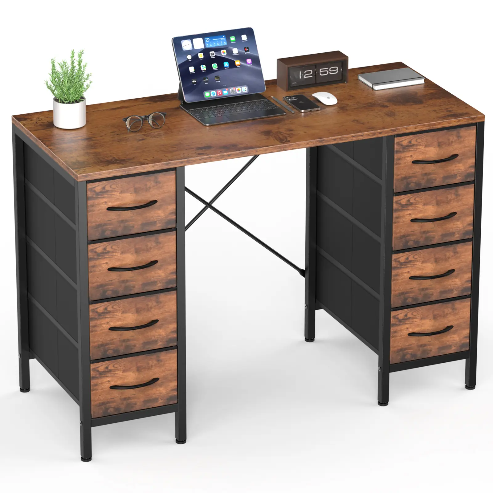 Sweetcrispy Armless Adjustable Height MDF Wood Gaming Desk - X-Shaped Reinforced Structure, 8 Fabric Drawers (22 lbs Each), 200 lbs Capacity Home Office Workstation, Compact Cozy Corner Desk for Gaming WFH Setup, Gaming Zone