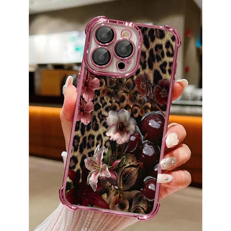 Leopard Print Cherry TPU Silicone Handheld Smartphone Cover, Protective Casing with Anti-Wear Camera Protector, Mobile Accessory for iPhone 17/16/15/14/13/12/11, Christmas-Halloween Gift,summerwins summerwins