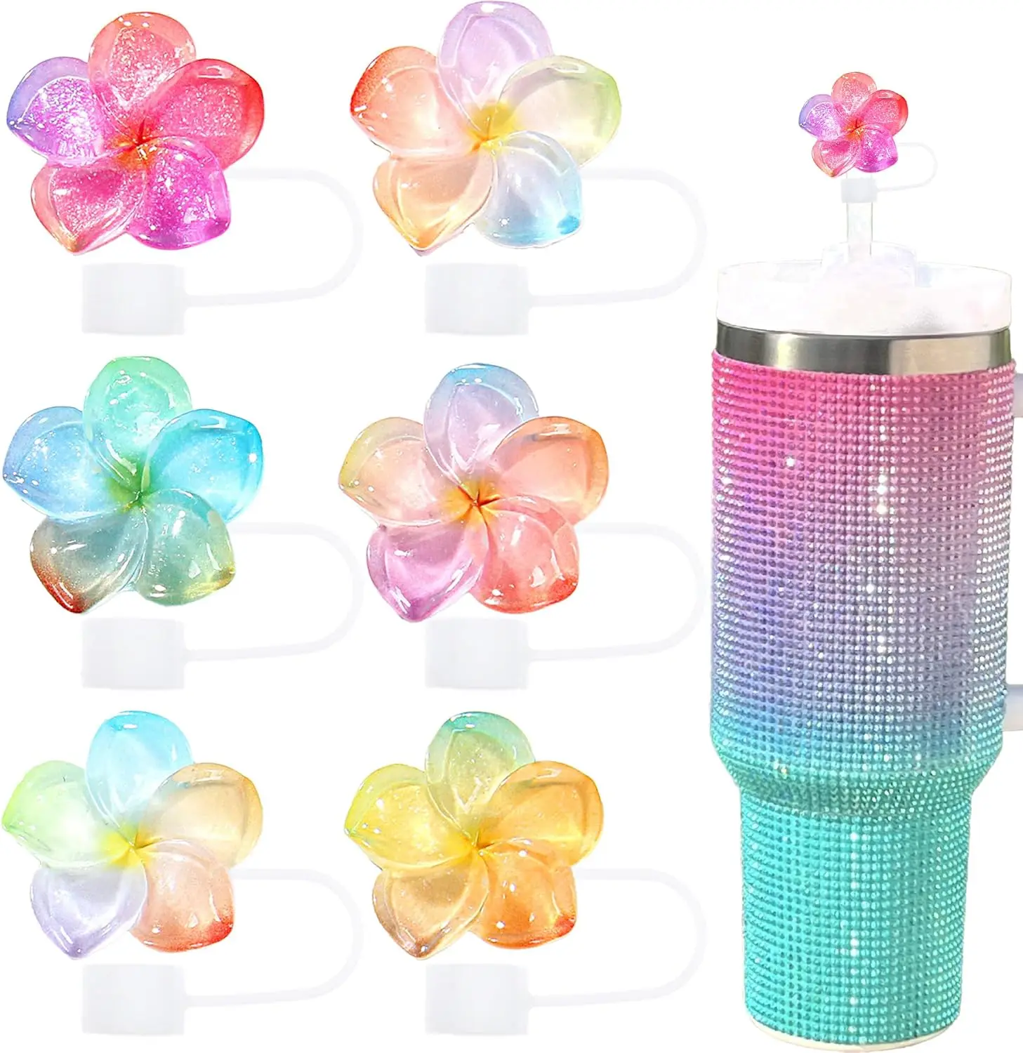 Fall Halloween Gift Flower Straw Toppers Set, 10mm Flower Straw Covers Topper for Stanley Cup 30oz 40 0z Tumblers, Cute Summer Themed Cup Toppers for Girls, Reusable and Shiny