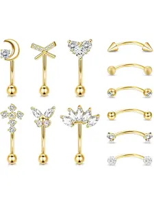 12 Pieces Eyebrow Piercing Gold Silver Colour, 8 mm Curved Barbell Piercing, Daith Piercing, Curved Ear Piercing, Rook Heart Flower Moon Butterfly, Curved Ball Piercing for Women Men 16G, Body Piercings Set