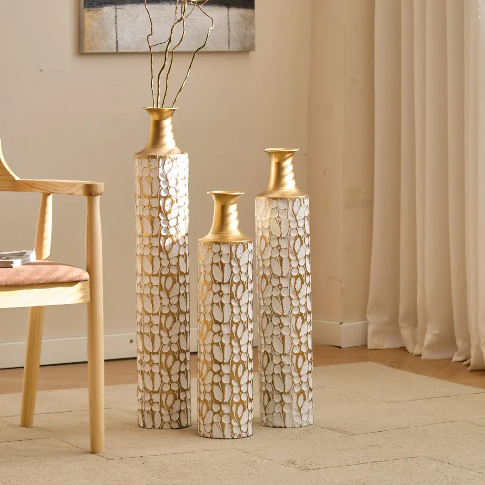 3-Piece Graduated Height White & Gold Stripe Tapered Tall Metal Flower Vase Set (Up to 32in) - Lightweight Farmhouse Modern Home Decor, Wall-Mount Hook Option for Pampas Grass, Glam Artificial Roses