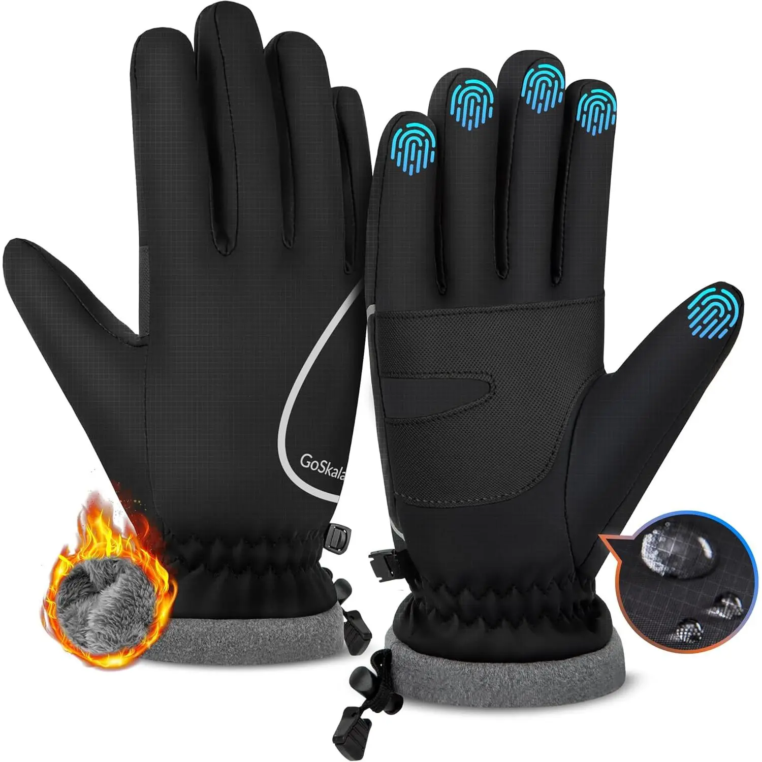 Men's Unisex Winter Thermal Wear Gloves, PU Leather, Waterproof, Touchscreen Fingers, Reflective Strips, for Cold Weather Cycling Running, Worry-Free After-Sales Guarantee, Black, Water-Resistant, Four Sizes
