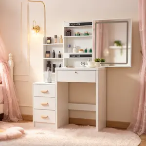 LED Sliding Mirror Vanity Desk with Stool, 3-Color Light, Lockable Drawer & Storage Shelves, Small Makeup Vanity for Bedroom, Cream White