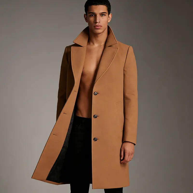 Men's Woolen Pea Coat Mid-Length Double-Breasted Overcoat, Stylish Warm Jackets with Lapel Collared Neck, Plain, Casual, Long, Thermal Insulation, Polyester, Solid