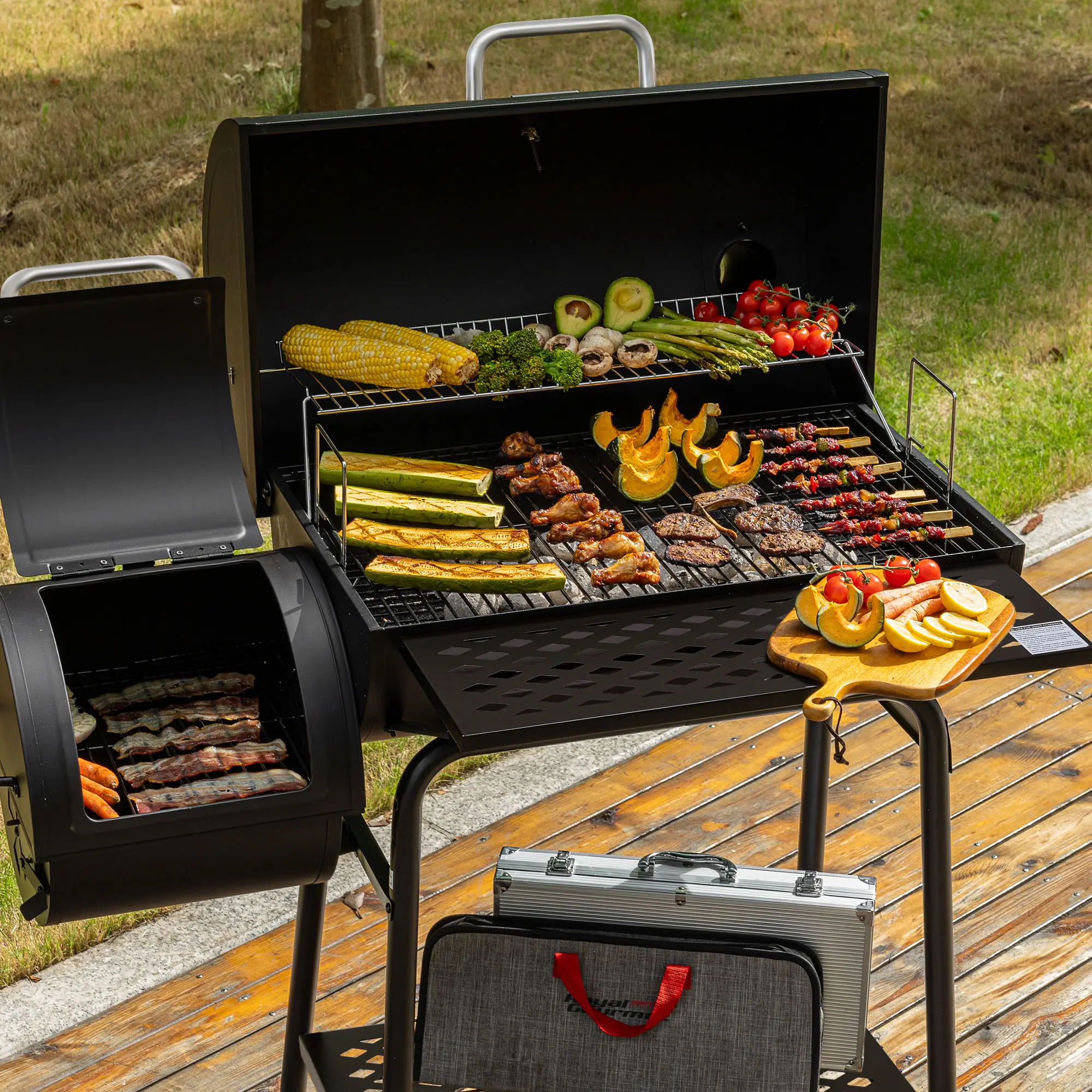 Royal Gourmet CC1830F Barrel Charcoal Grill with Offset Smoker, 824 Sq. In. Outdoor BBQ Grill with Adjustable Charcoal Pan, Front Shelf & Storage Rack, Large Smoker Grill for Backyard Cooking, Camping & Parties