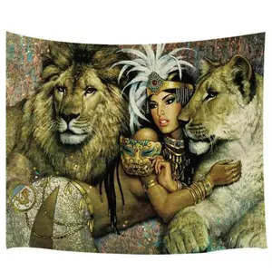 Lions and Girl Safari Theme Tapestry 71x60 inches Room Wall Hanging Art Decor