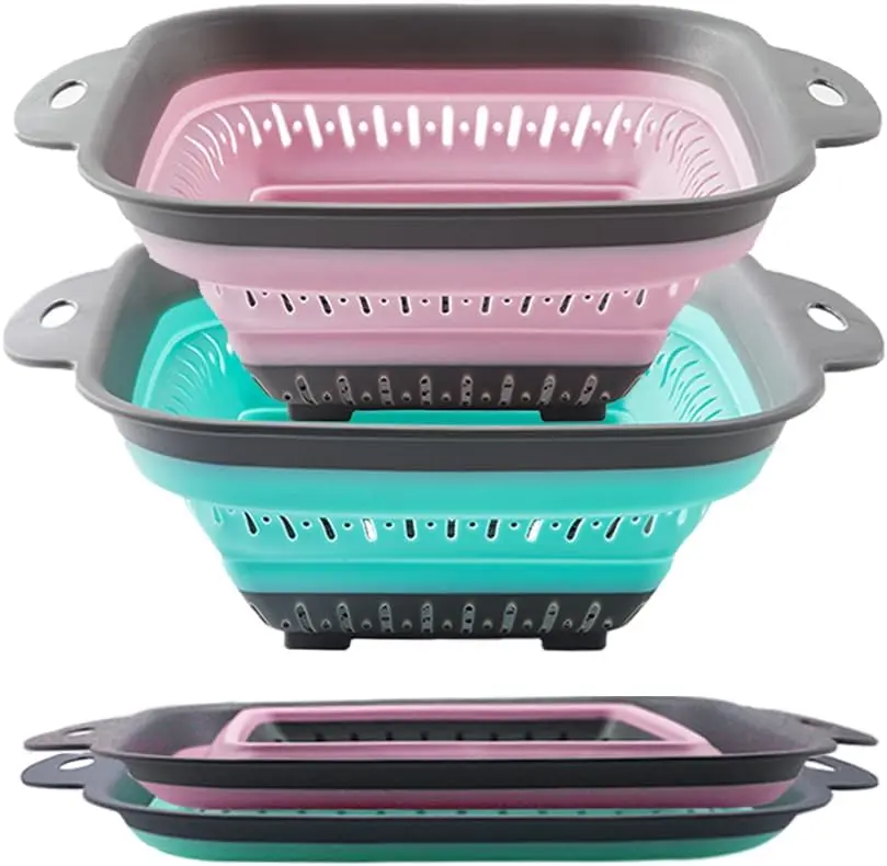 Collapsible Colander Set, Square Round Triangles Silicone Kitchen Strainer Perfect for Draining Pasta Vegetable fruit 2 PCS (10.8"L x 8.6"W x 2"H,