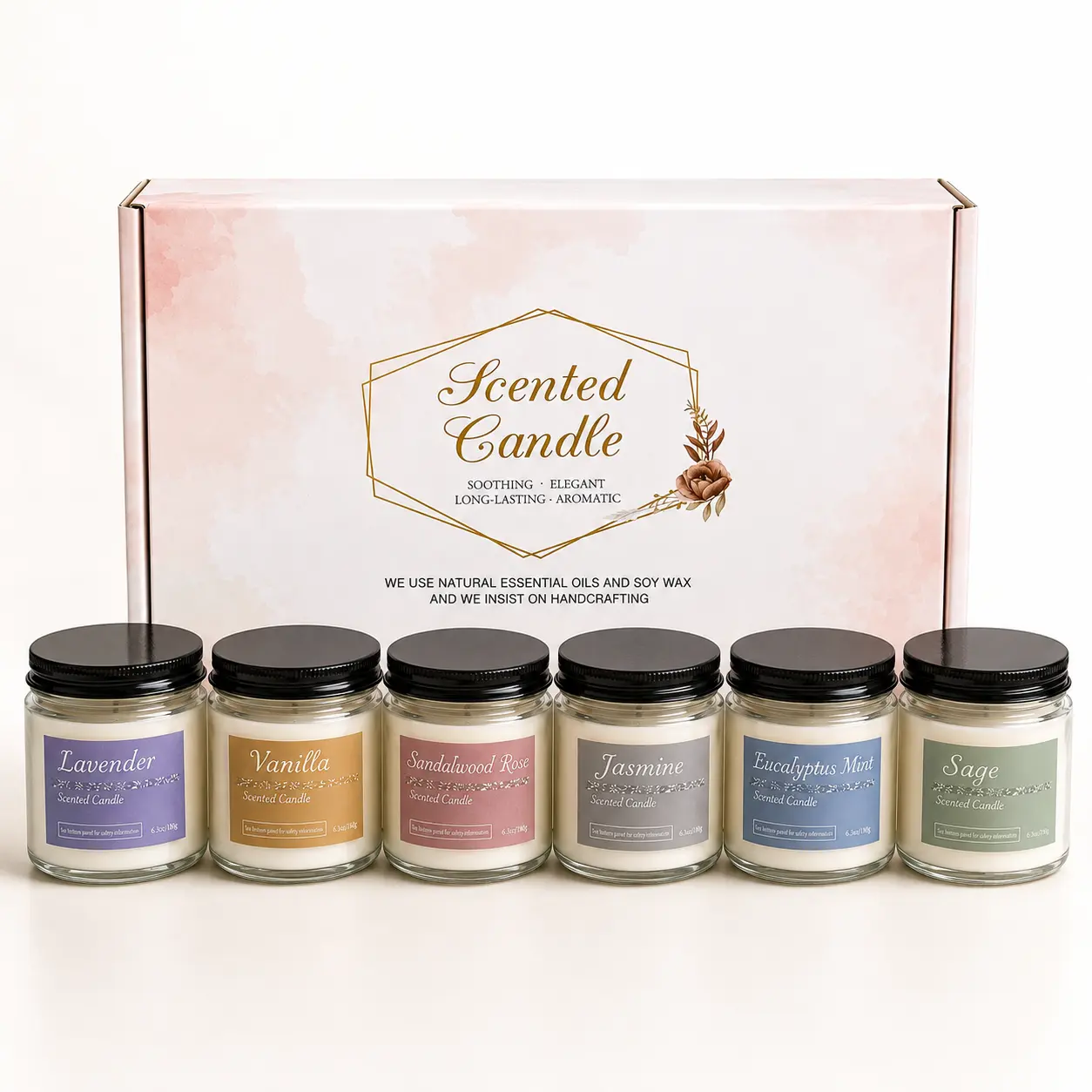 Women's 6-Pack Scented Soy Wax Candle Decor Gift Set - Household Items with 6 Scents (Lavender, Vanilla, Rose, Jasmine, Eucalyptus Mint, Sage) in Glass Jars