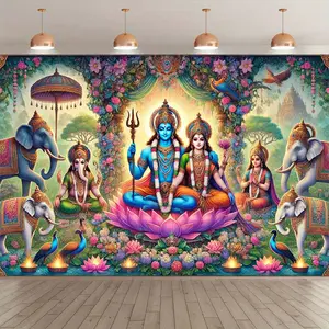 8x6ft Indian Mythology Polyester Backdrop Banner - Vibrant Hindu Deity Scene with Elephants, Lotus & Birds, Perfect for Photography, Parties, Birthdays, and Studio Decor, Indian Decoration Ornaments