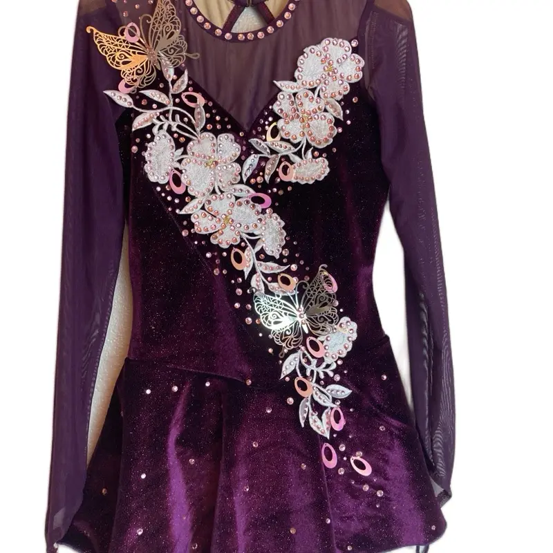 Deep Red Performance Ice Skating Dress for Young Skaters with Unique Design and Long Sleeves