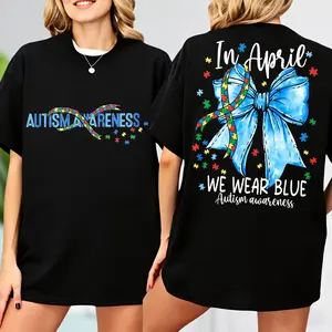 In April We Wear Blue For Autism Awareness T-Shirt, Coquette Autism Support T-shirt