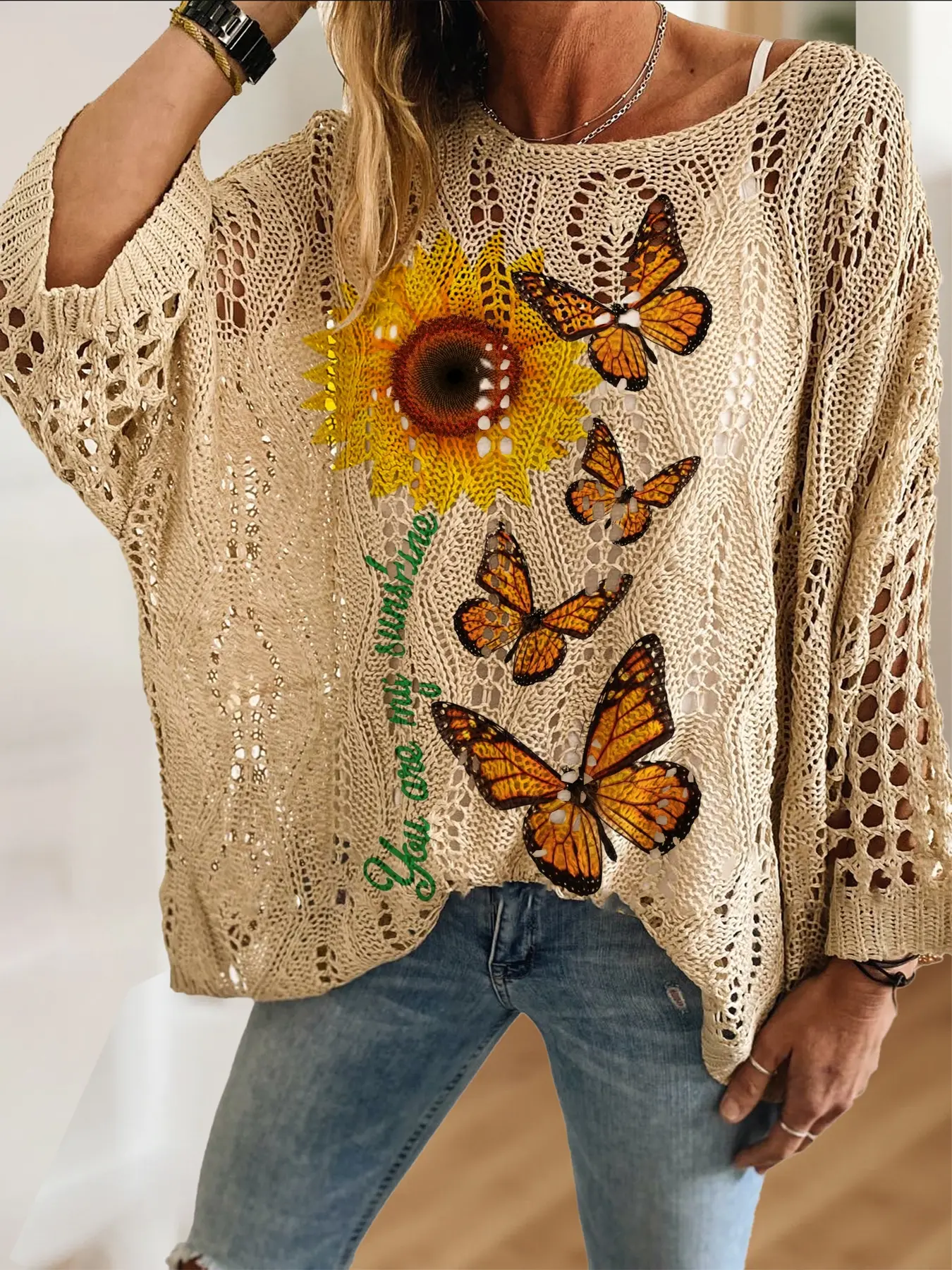 Spring Summer Women's Shoulder Cut Batwing Sleeve Knit Top with Sunflower Butterfly Letter Floral Print, Lightweight Breathable Long Sleeve, Womenswear Knitwear