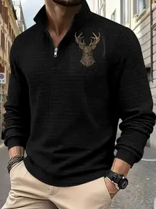 Christmas reindeer printed autumn and winter men's waffle weave texture hoodie, regular style half-zip front long sleeve knitted sweater,'s outdoor sports clothing, suitable for various scenes such as streets, leisure gatherings, etc. Winter Warm Pullover